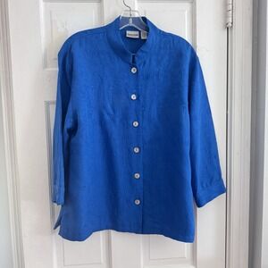 Chico's Women Blue Silk Blend Button-Up Shirt Size 1 Jacquard Floral Long Sleeve